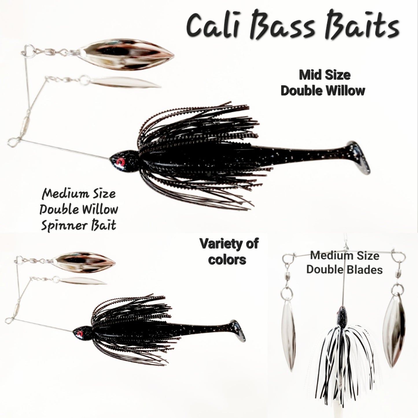 Cali's (MID SIZE) DOUBLE WILLOW Spinner Bait (Medium Blades). Variety of colors and sizes to choose from.