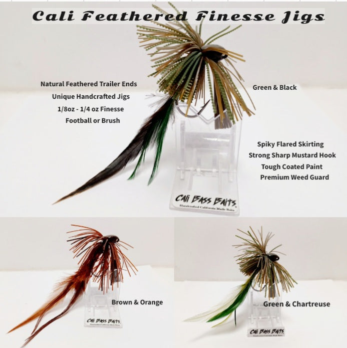 Cali FEATHERED FINESSE JIGS Variety of colors to choose from (1/8 oz Football or 1/4oz Brush Jig)