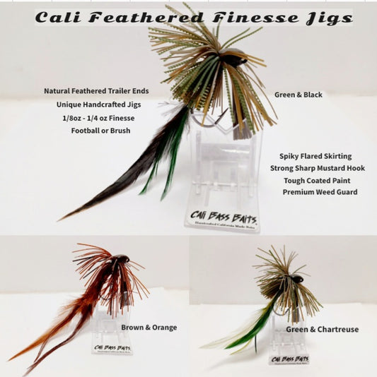Cali FEATHERED FINESSE JIGS Variety of colors to choose from (1/8 oz Football or 1/4oz Brush Jig)